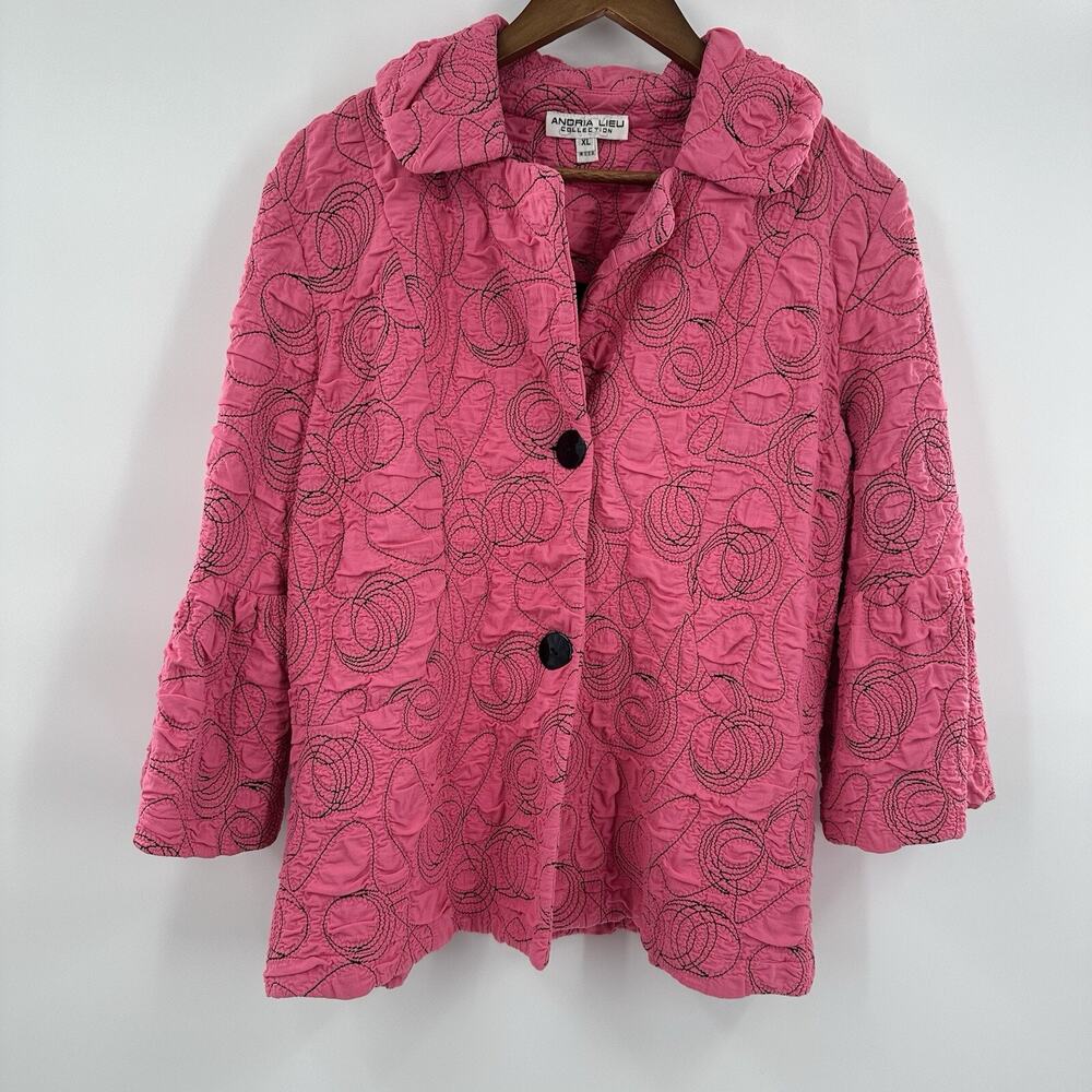 Andria‎ Lieu Jacket Womens XL Pink Embroided Button Art Abstract Flare Sleeve